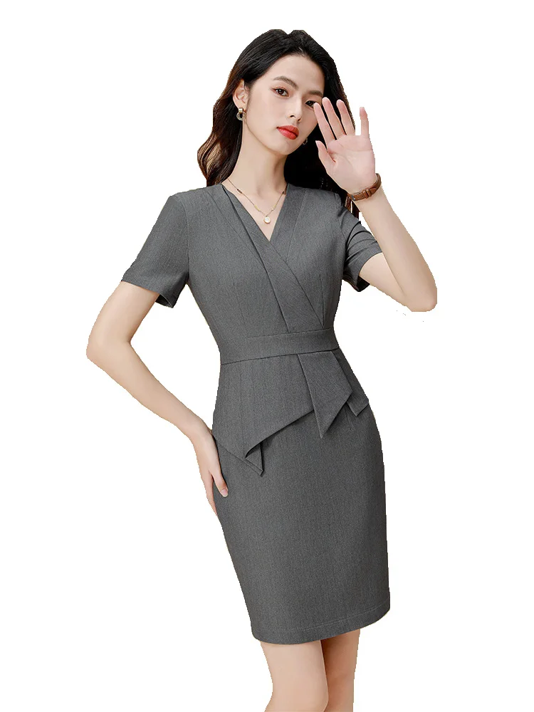 

Elegant Gray Slim Hips Dress for Women OL Styles Summer Short Sleeve Professional Business Work Wear Dresses Ladies Vestidos