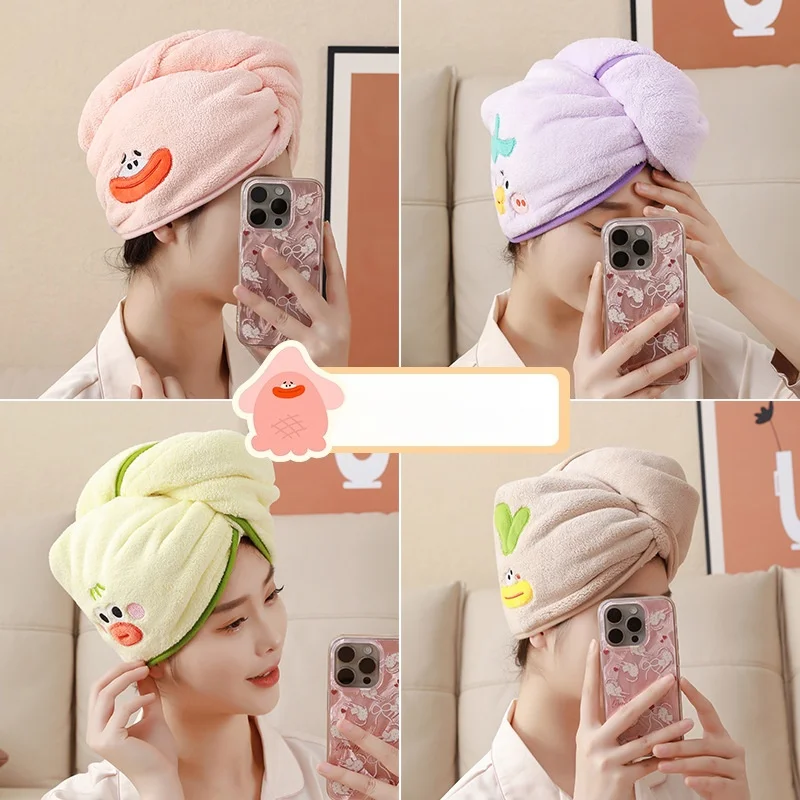 1 Cartoon-Style Cute Coral Fleece Triangular Hair Drying Cap, Available in Four Colors (Yellow, Purple, Light Brown, Pink), Abso