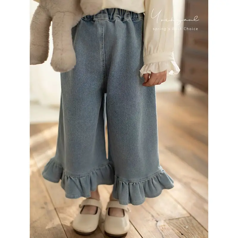 Girls' Autumn Solid Color Jeans, Children's Sweet and Eye-catching Lotus Leaf Lace Hem Casual Pants Trend