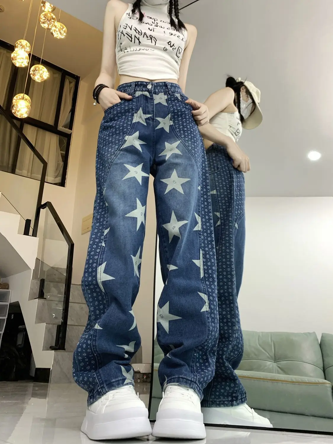 Jeans Blauw Gesplitst Sterontwerp Vintage Met Hoge Taille Voor Vrouwen 2024 Koreaanse Mode Y 2K Causale Denim Jeans Hiphop Punkbroek