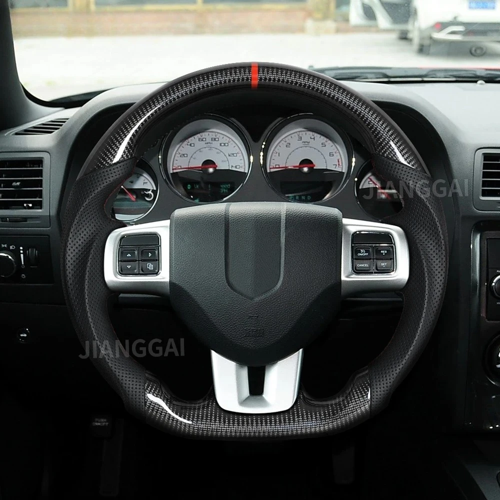 

Руль из настоящего карбона D-образной формы с плоским дном, перфорированной кожей и красной строчкой для Dodge Charger Challenger Durango 2011-2014