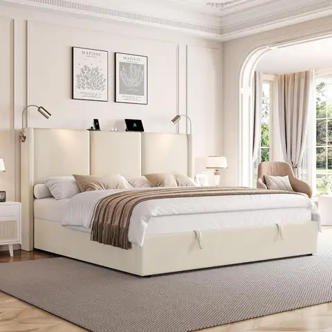 King Size Lift Up Storage Bed Frame with Charging Station, Modern Upholstered Platform Bed with Reading Light