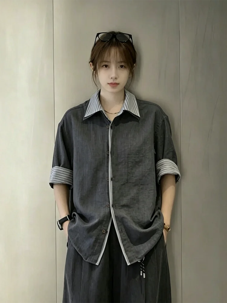 

Men's And Women's Summer Slim Fit Ice Silk Linen Look Short Sleeve Shirt American Stripe Patchwork Seven Sleeve Shirt