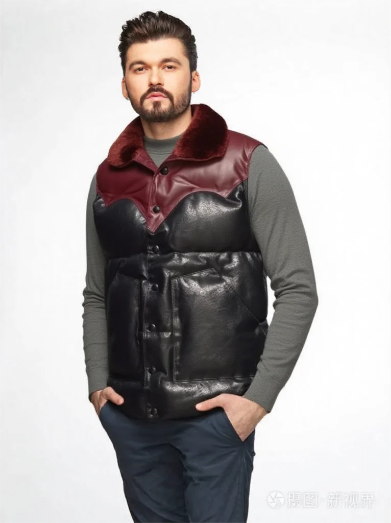 

Black Winter Leather Down Vest Men Casual Style Plus Size 5XL Genuine Natural Sheepskin Turn-Down Collar Spliced Vest