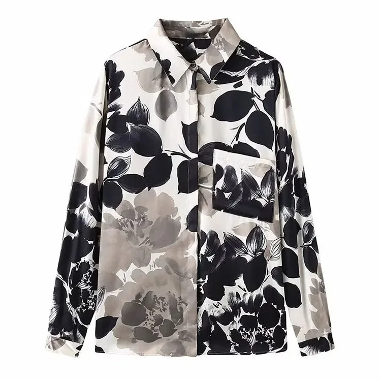 New Hong Kong Style Retro Casual Versatile Long Sleeved Floral Printed Satin Shirt for Women's Clothing