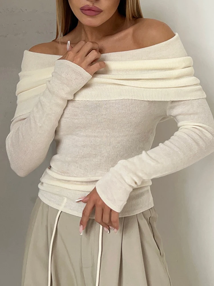 

Women Knitted Sweater Off Shoulder Autumn Pullovers Female Elegant Fashion Long Sleeve Knitwear Chic Slash Neck Basic Sweaters