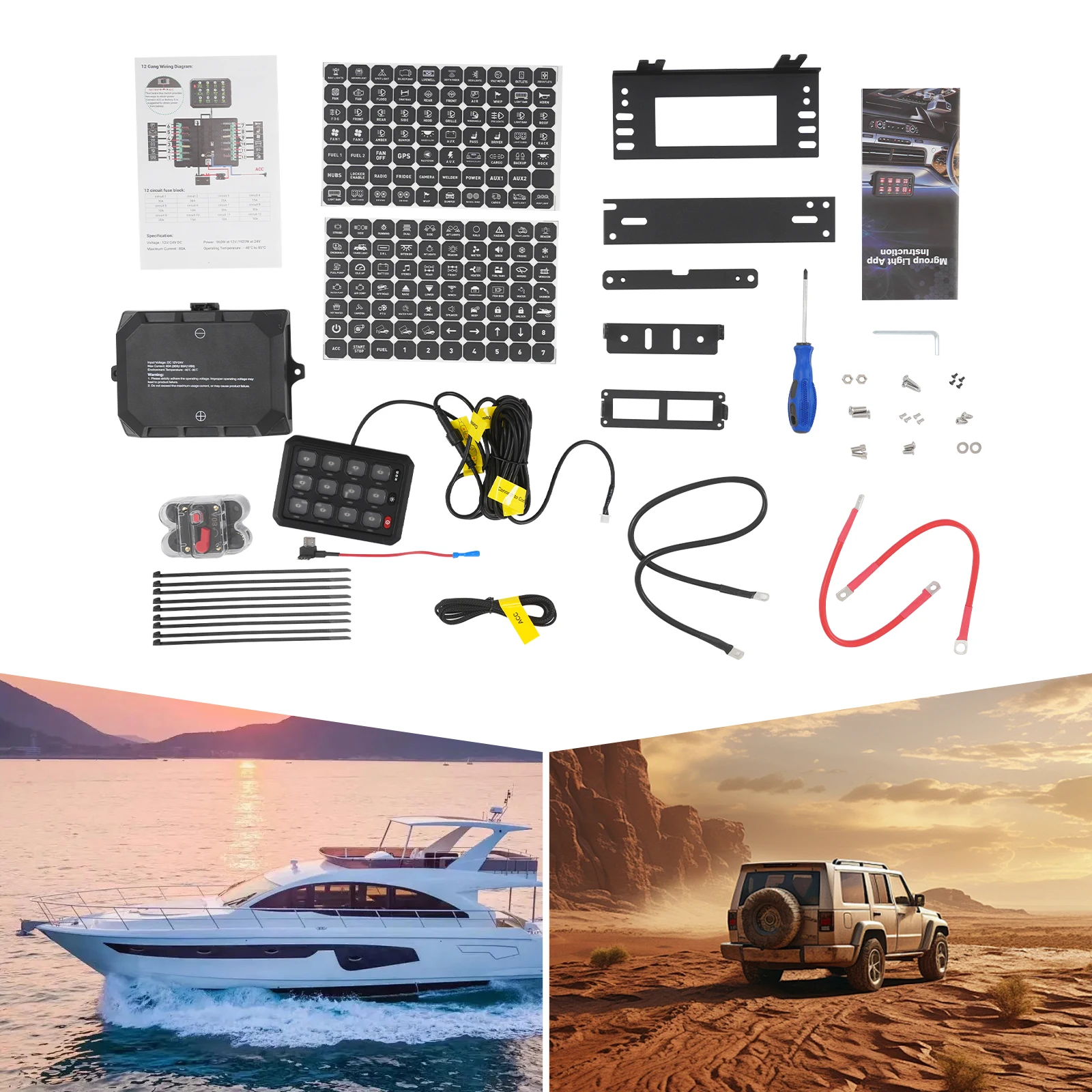 12/8/6 Gang Switch Panel with App Control, 8 RGB Colors & 5 Brightness Levels, IP65 for RV Yacht Truck Off-Road