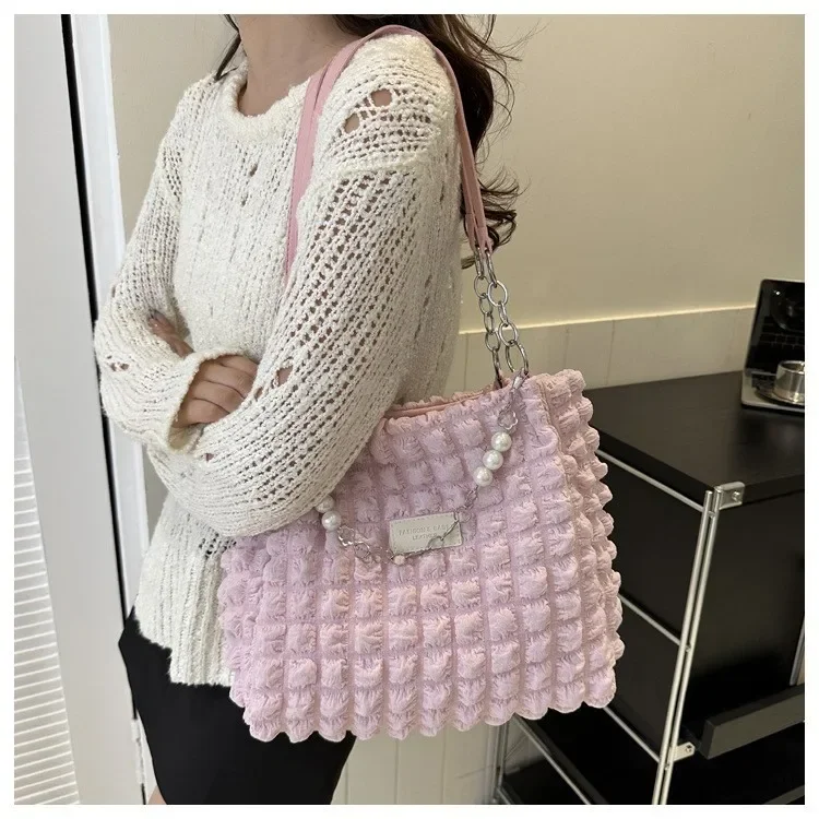 Damen Gesteppte Karierte Wolken-Baumwolltasche, Plissierte Unterarm-Hobo-Shopper-Umhängetasche für den Täglichen Gebrauch – Detail 9