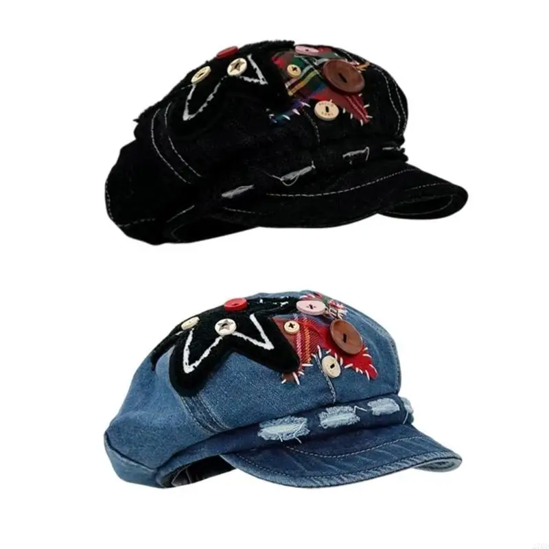 270D زر ستار مرقعة قبعة بيريه للنساء تنفس قبعة أجرة 2000s فتاة المتعثرة الرسام قبعة فاسق أغطية الرأس يوميا