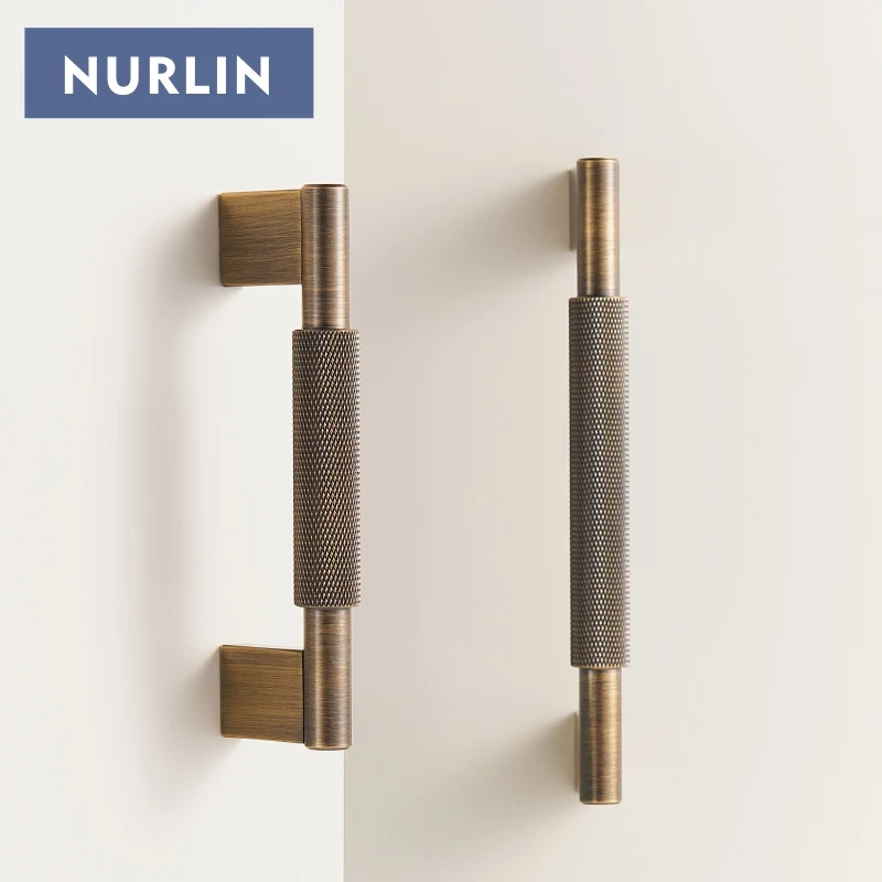 Nurlin Solid Brass Knurling Antique Brass Cross Pattern Cabinet Knob Cupboards T-bar Furniture Refrigerator Door Kitchen Pull