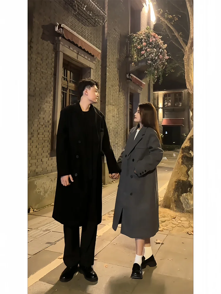 

Trendy Winter Men's Woolen Coat Mid-Length Stand Fit Casual Faion Briti Sle Double-Breasted Lapel Coat for Couples