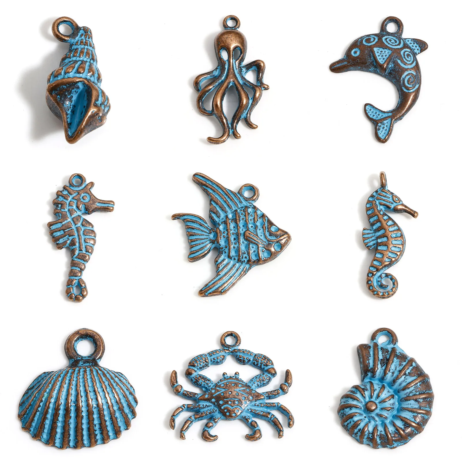 20 Piece Zinc Based Alloy Ocean Jewelry Charms Antique Copper Blue Patina Dolphin Crab Pendants For DIY Necklace Jewelry Making