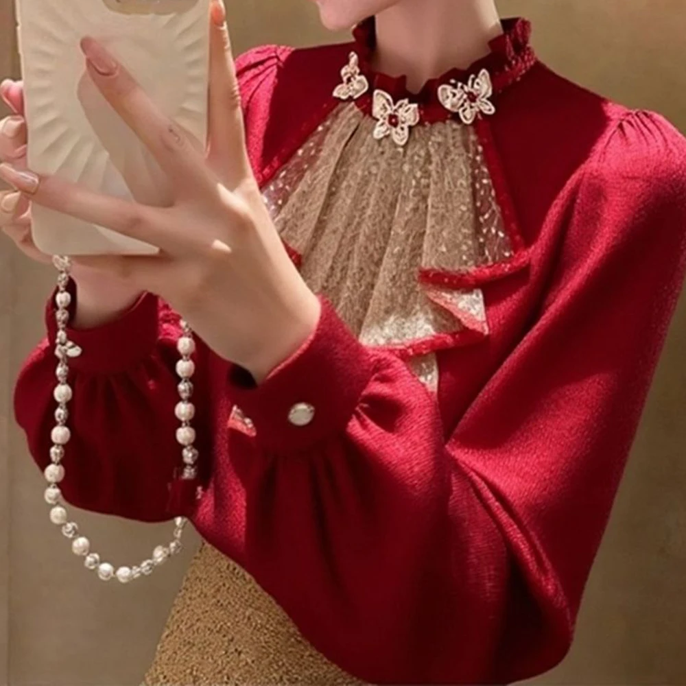 

Winter style age-reducing top is special for commuter style French retro red stand-up collar shirt