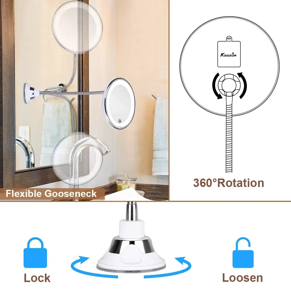 10X Magnifying Vanity Mirrors 360° Rotation Makeup Mirror Bathroom LED Lighted Flexible Gooseneck Bright Diffused Makeup Mirror - view 6