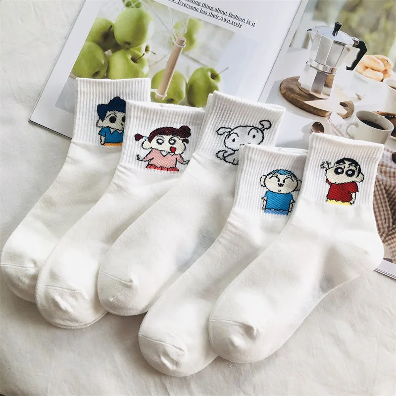 Kawaii Crayon Shin-Chans Mid Tube Sock Lightweight Breathable Anime Character Image White Socks Daily Leisure For Girls Boys