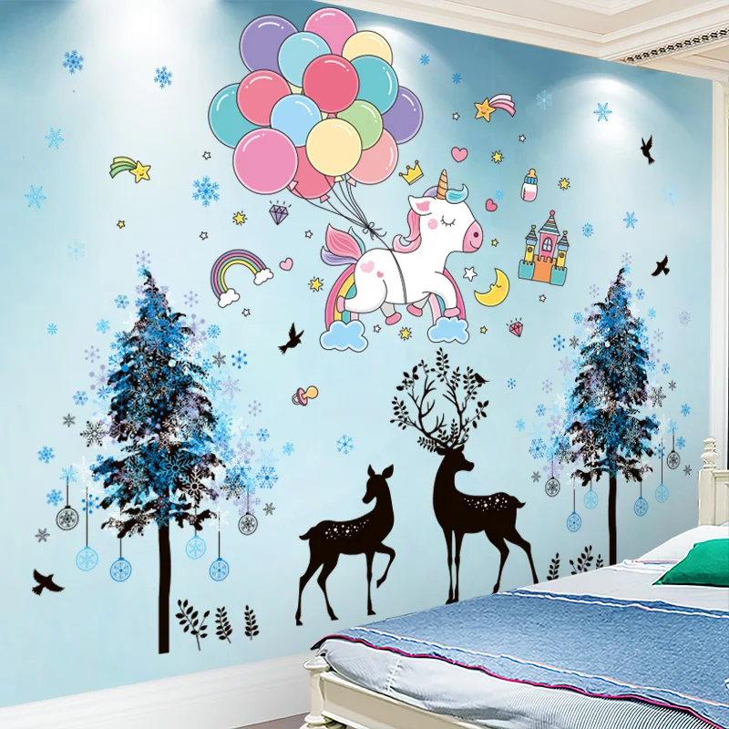

Единорог воздушные шары наклейки на стену DIY Deers деревья наклейки на стену для детской комнаты ребенка спальни детского сада домашнее украшение