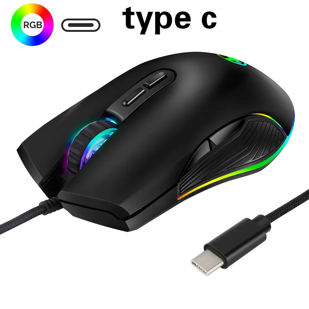 Type-C Hub Wired Mouse Optical Gaming Mouse RGB 4 Backlight Computer Mouse 3200DPI for Apple MacBook Pro Matebook X Any Device