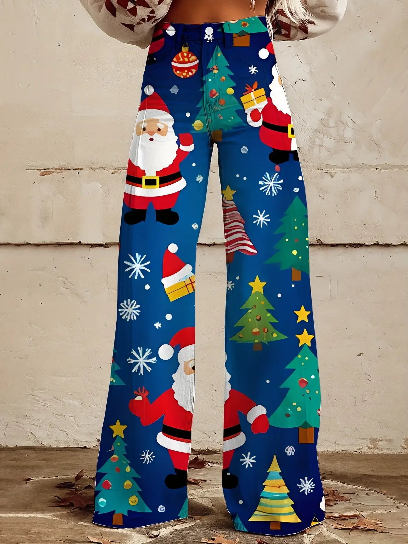 Christmas ladies' imitation denim pants with snowflake patterns for autumn ,Festival commuting versatile trendy cool pants
