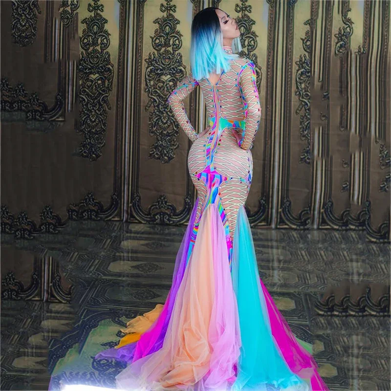 Women Singer Evening Outfit Sexy Colorful Mesh Party Tail Dress Big Stretch One-Piece Long Dresses Stage Performance Wear