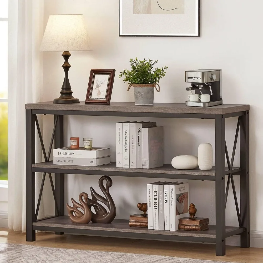 Rustic Sofa Table Behind Couch, Industrial Console Tables for Entryway, 3 Tier Wood Shelves Entry