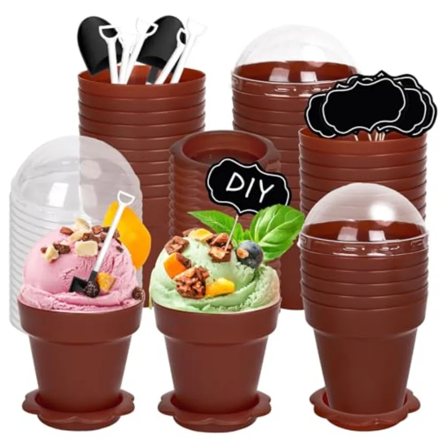 

50 Pack Flowerpot Dessert Cup Brown Plastic Cake Cups with Lid Shovel Spoon Bm Tray Black Chalkboard Picks Ice Cream Yogurt Con