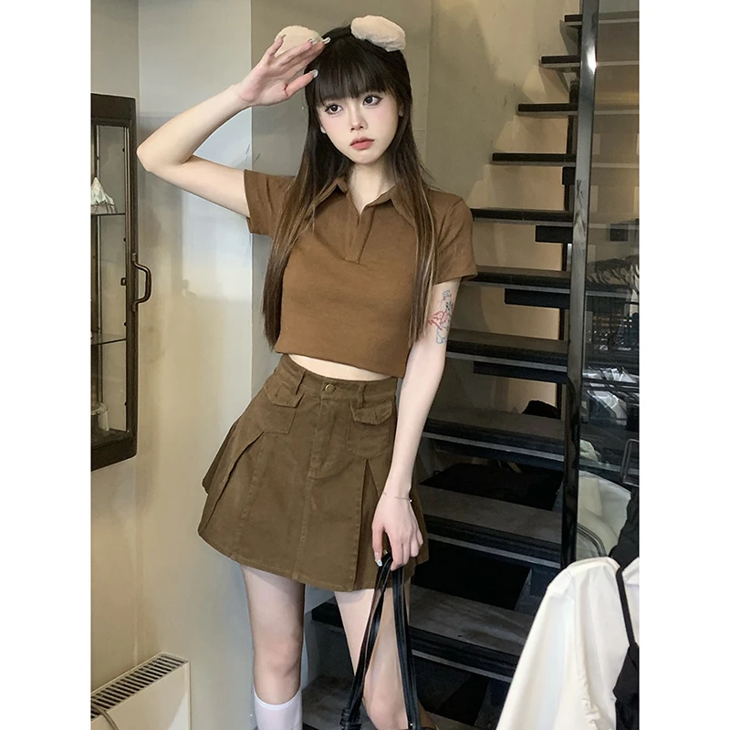 

American Sle Sweet And Spicy ort irt Women's Slimming Brown T-irt Summer Commute Sle Pure Color Henry Collar