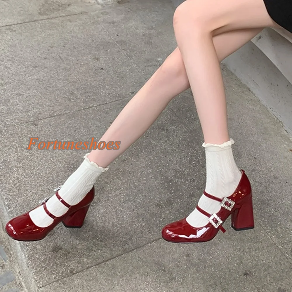 

Square Toe Crystal Rhinestone Women Shoes Chunky High Heel Shallow Pumps Straight Buckle 2024 Newest Spring Casual Fashion Pumps