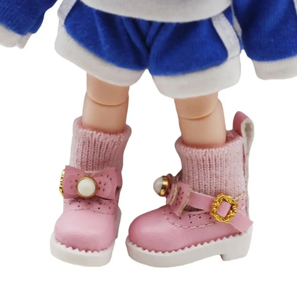 Bella 1/12 Bjd Stivali per bambole Moda Cotone Bambole di pezza Scarpe con papillon Bottoni dorati Scarpe in pelle Bambini Giochi di imitazione Regali