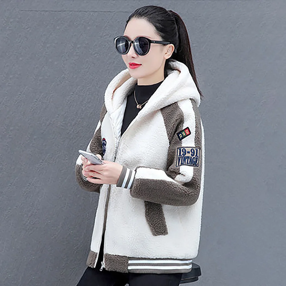 Granular Cashmere Lambswool Loose-fitting Ladies' Splicing Contrast Embroidered Letters Hooded Warm Coat In Autumn And Winter.