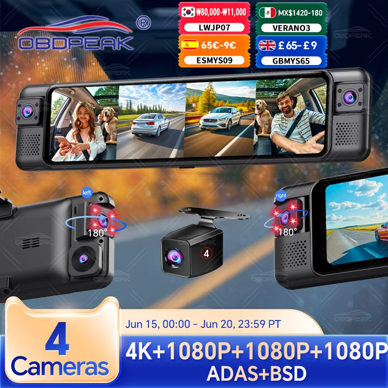 Obdpeak 4ch 11 Polegada 4k + 1k + 1k + 1k espelho retrovisor traço cam com adas bsd wifi visão noturna 24h monitor de estacionamento lapso de tempo 360 °
