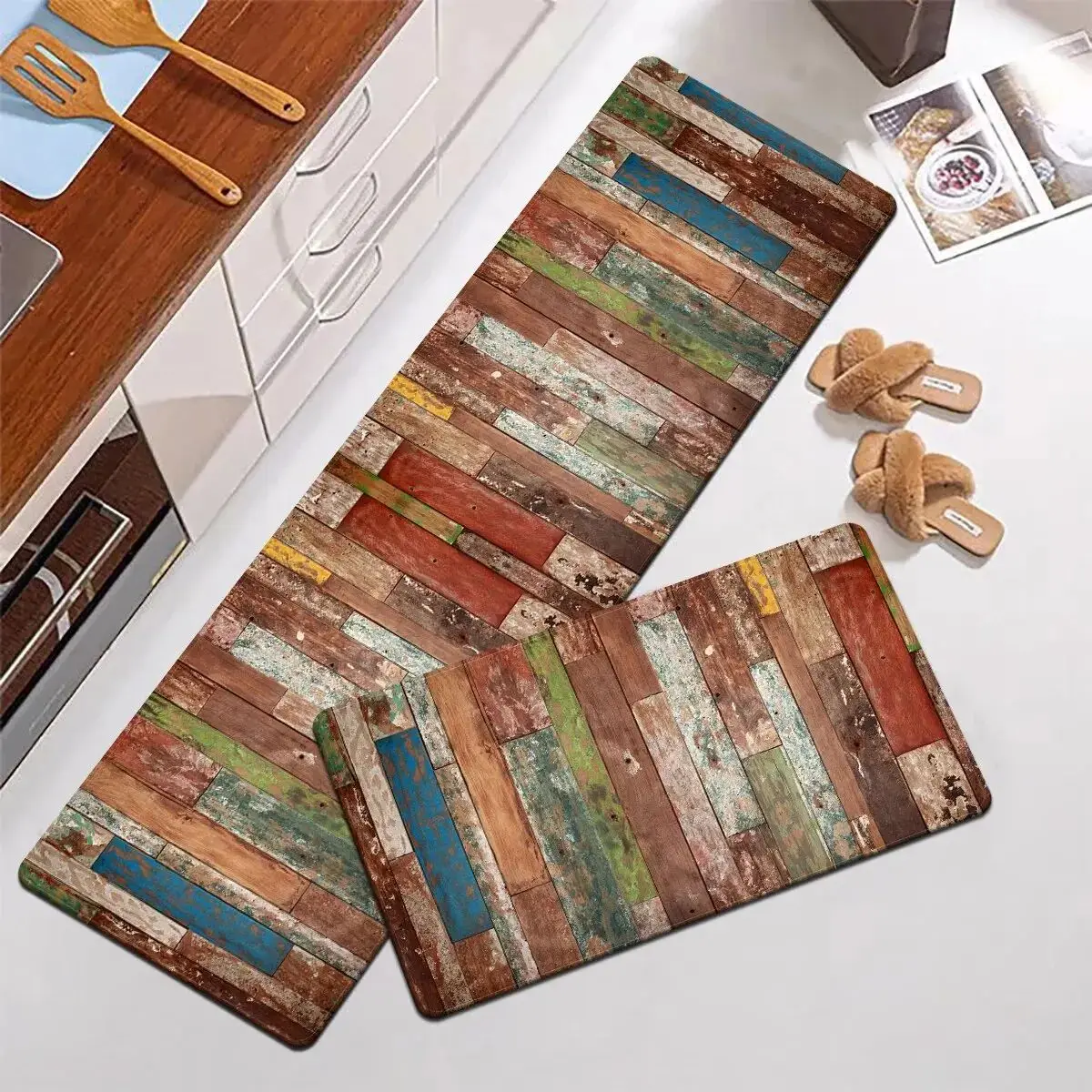 New Rainbow Wood Paneled Kitchen Floor Mats, Laundry Room Non-Slip Area Rugs for Bathroom, Entry Door, Home Decor Carpet