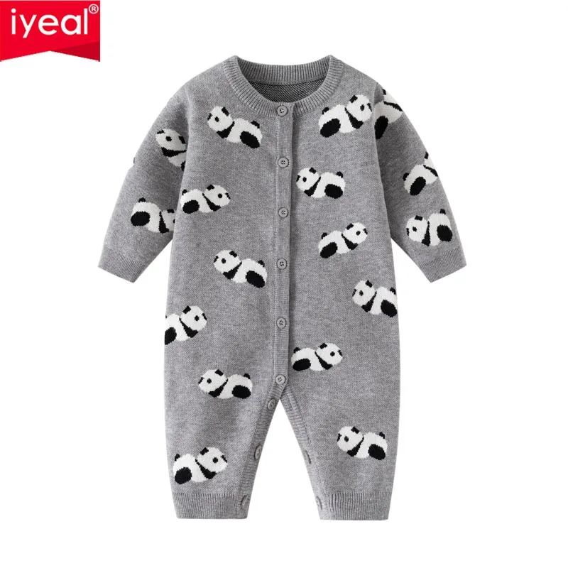 

IYEAL Baby Boys Clothing Grey Cute Panda 1 Year Baby Clothes Knitted Jumpsuit Autumn Winter Baby Rompers Sweater Baby Clothes