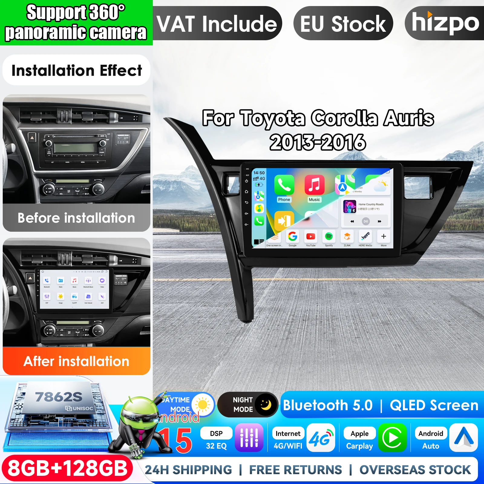 Image of Hizpo 10,1 Zoll Autoradio für Toyota Corolla Auris 2013-2016 (Linkslenker) Kabelloses Carplay Android Auto-Multimedia-Video-Player 2 DIN Radio Autoradio GPS Stereo Intelligente Systeme IPS Touchscreen