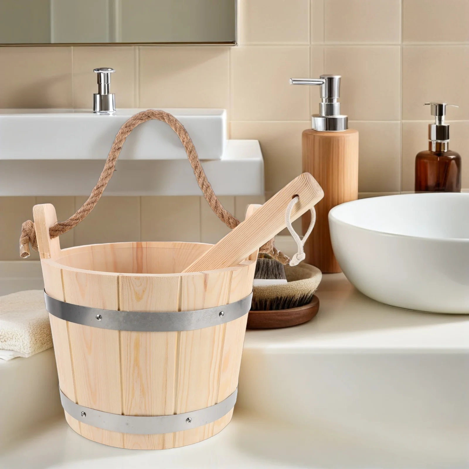 

Sauna Wooden Barrel Water Scoop Bathroom Bucket and Ladle Set Beige Miss