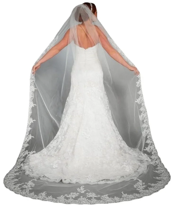 

New Lace Appliques Wedding Veils for Brides Long Bridal Cathedral 1 Tier Tulle Veils with Comb