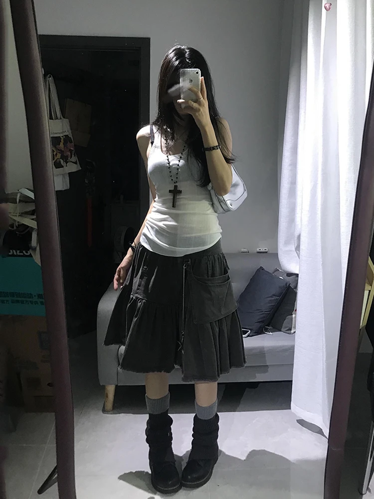 ReddaChic Do Old Women Cargo Jean Skirt Korean Pocket Removable Low Rise Ram Edge Long Denim Skirt Going Out Retro Acubi Fashion