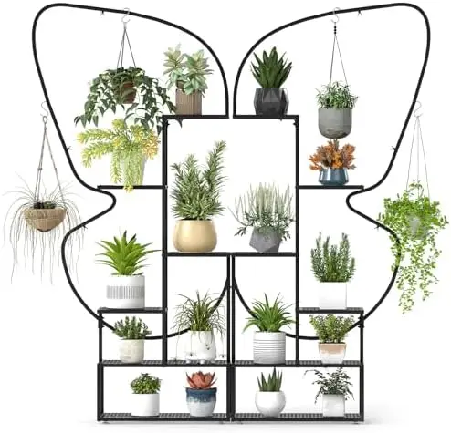 2 Pack 6-Tier Metal Plant Stand, 73 Tall Butterfly Shaped Flowerpot Holder Shelf with 12 Metal Mesh Boards & 4 Hanging