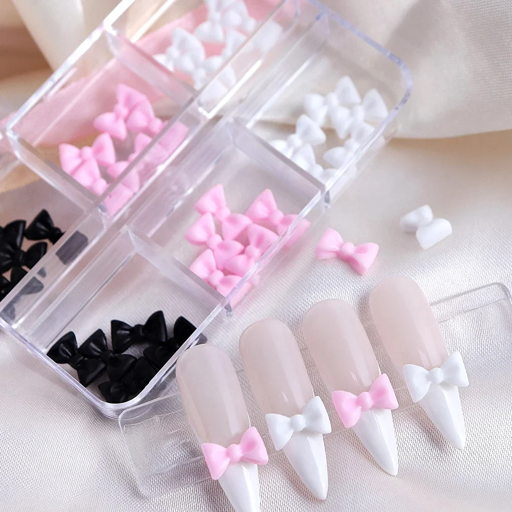 Coreano Kawaii Bow Nail Charms Decorações, Peças de Resina, Manicure Design, Unhas Acessórios Suprimentos, Branco, Preto, Rosa, Gravata, Misto