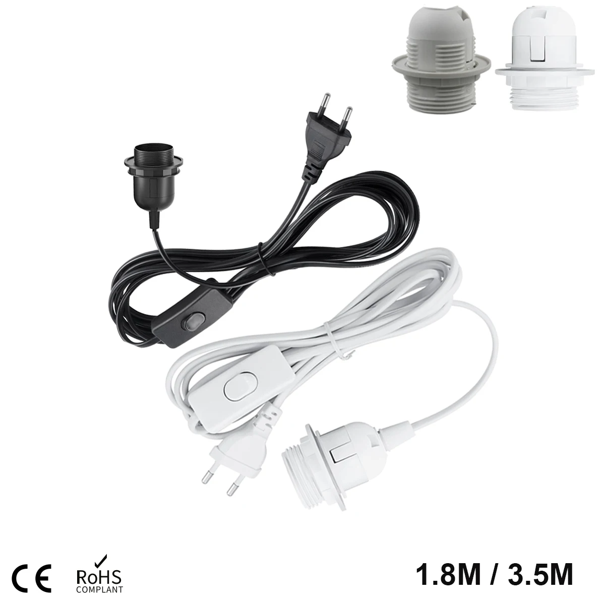 EU Plug 1.8m 3.5M 6M Power Cord Cables E27 Full Teeth Half Teeth Lamp Base Holder With Switch Wire For Pendant Fixture Hang lamp