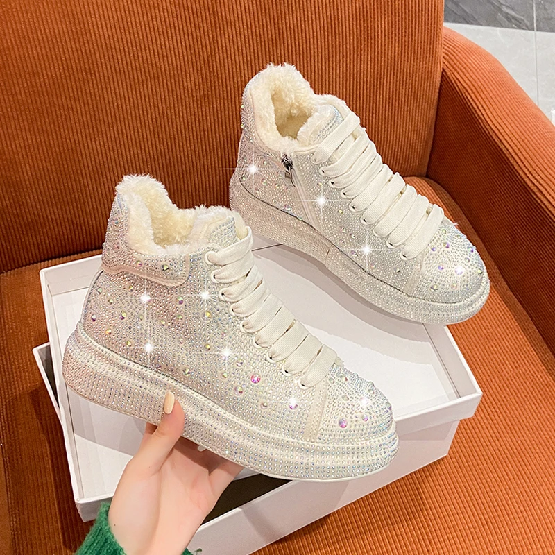 Rhinestone Covered High Top Sneakers Woman Winter Warm Plush Lined Casual Boots Ladies Luxury Brand Design Bling Rivet Shoes