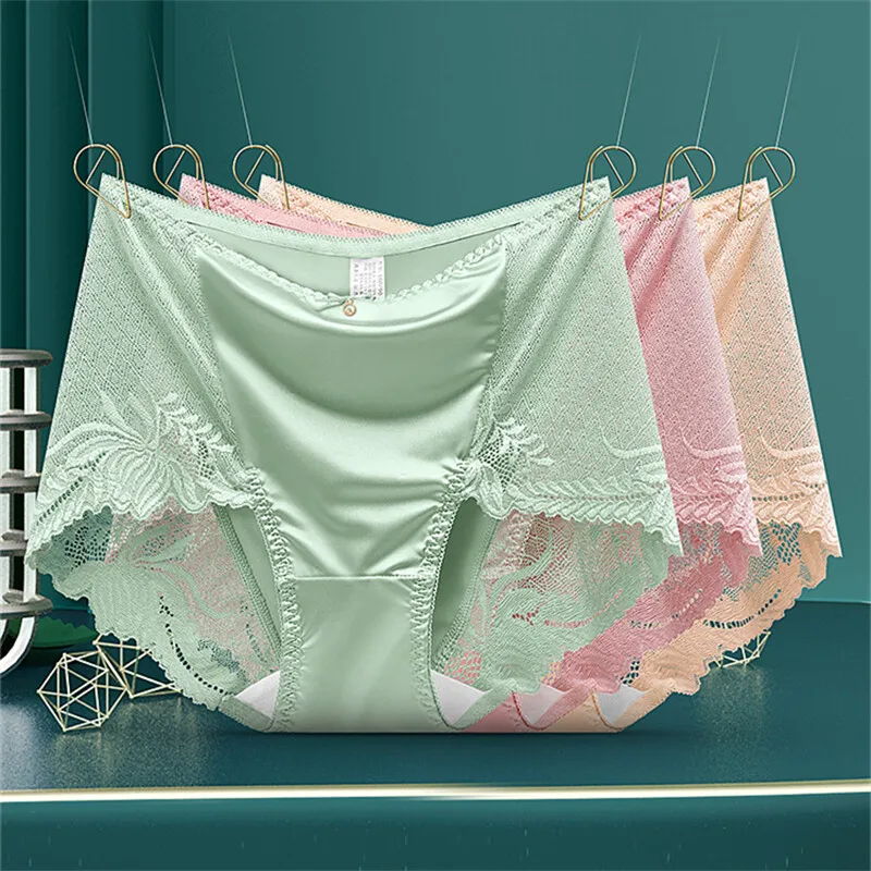 

3pcs/lot 100 silk crotch underwear for women briefs thin lace silk lady panties