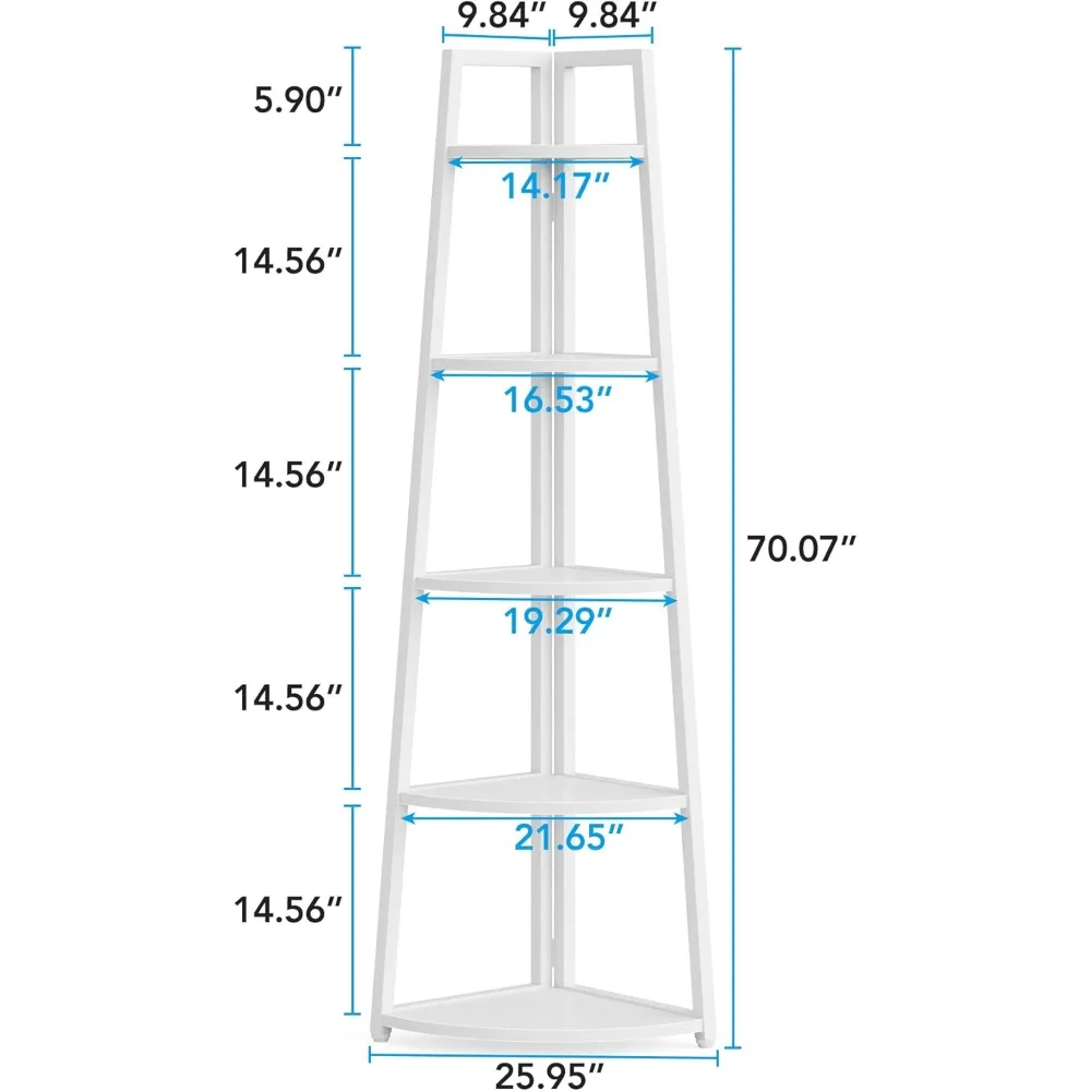 70 inch Tall Corner Shelf, 5 Tier Modern Corner Bookshelf Bookcase Industrial Corner Ladder Shelf Plant Stand for Living Room