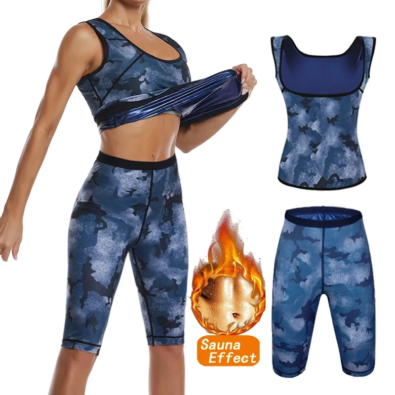 Donne Camouflage Body Shaper Sweat Sauna set gilet Fitness pantaloncini dimagranti pantaloni pancia piatta vita Trainer Shapewear abiti