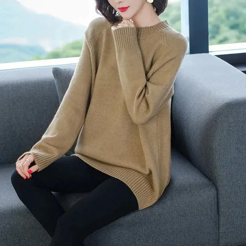 Autumn Winter Female Round Neck Short Knitting Ladies Mid Length Version Pullover Sweater Women Versatile Loose Fitting Knitwear