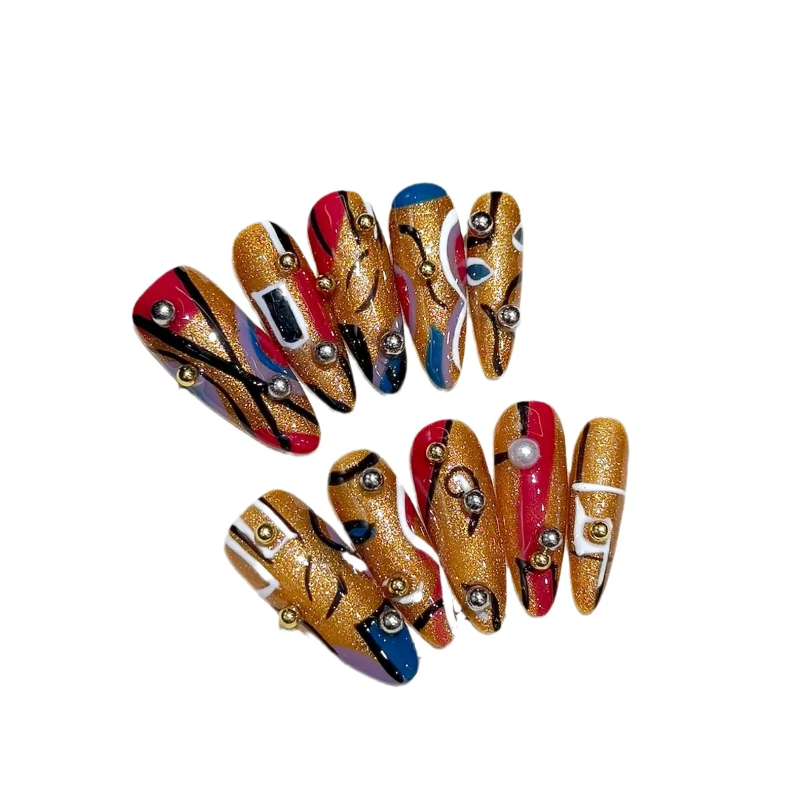 Handmade Press on Nails Vintage Egyptian Hand paint Line Fake Nail Tips Wearable Detachable Colorful Long Almond False Nail Tips