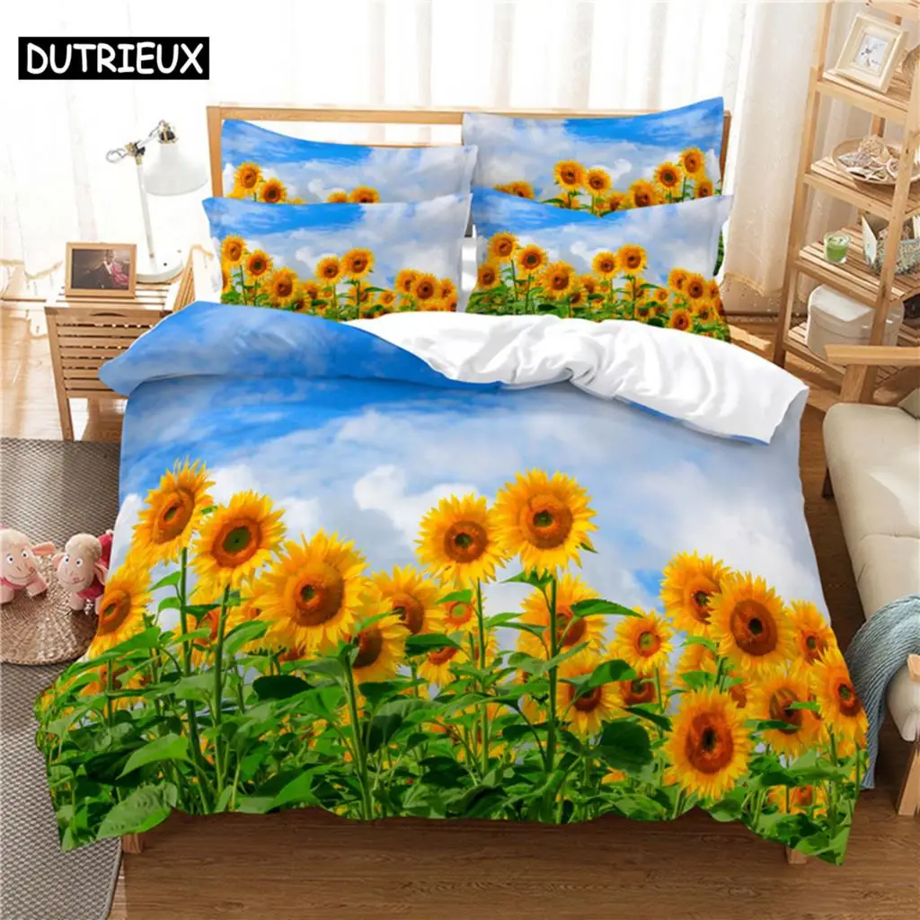 

3D Digital Printing Fashion Design Beautiful SunFlower Bedding Set, Queen Size Duvet Cover Set