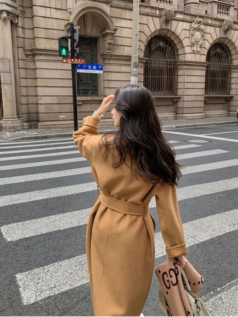 Casaco de caxemira longo e solto feminino, casaco de lã clássico, outerwear frio, moda de rua chinesa coreana, outono, inverno, 2023