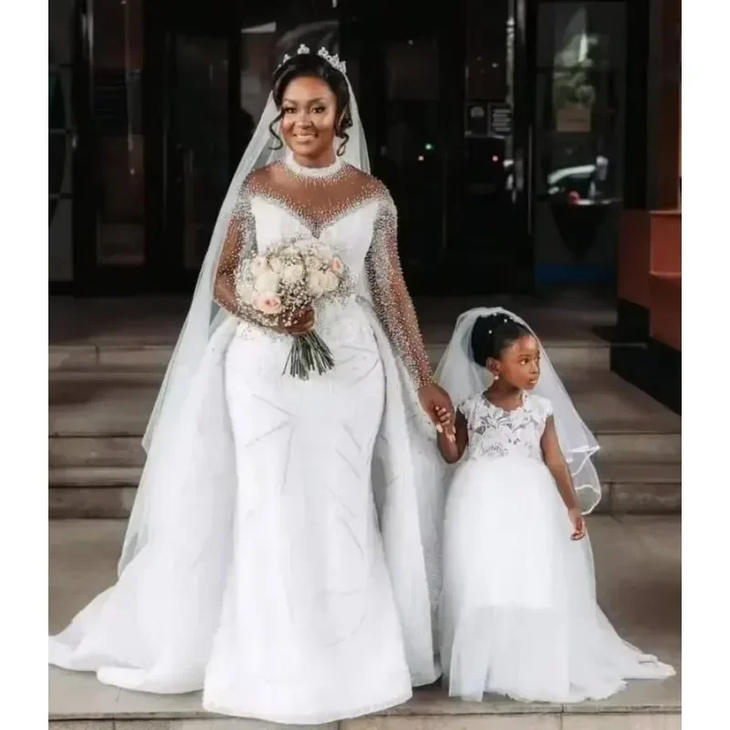 Customized New Arrival Mermaid Custom Made High Neck Long Sleeve Bridal Gown African Pearl Wedding Dress