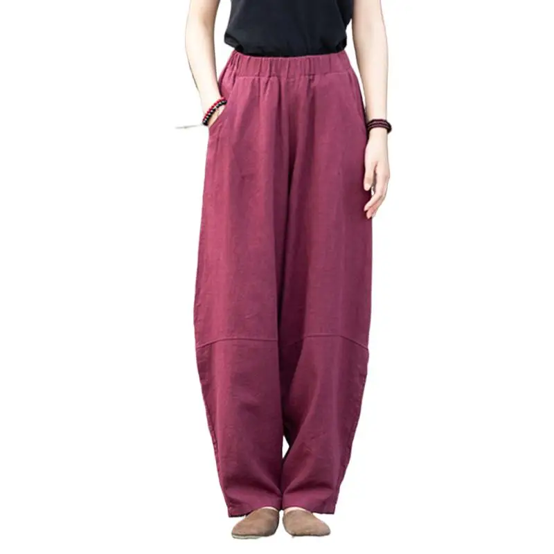 Spring Vintage cotton Linen Pants Women Casual Elastic Waist Wide Leg Pants plus pantalon large  sweatpants  cargo pants