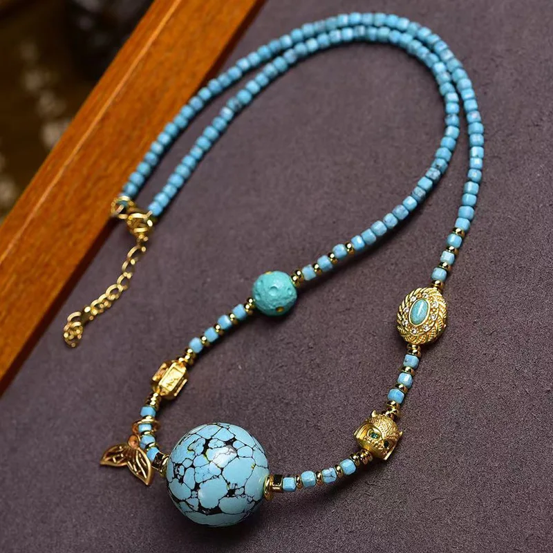 

Turquoise Clavicle High Porcelain Blue iron wire Pendant Necklace Summer Sweater Chain July